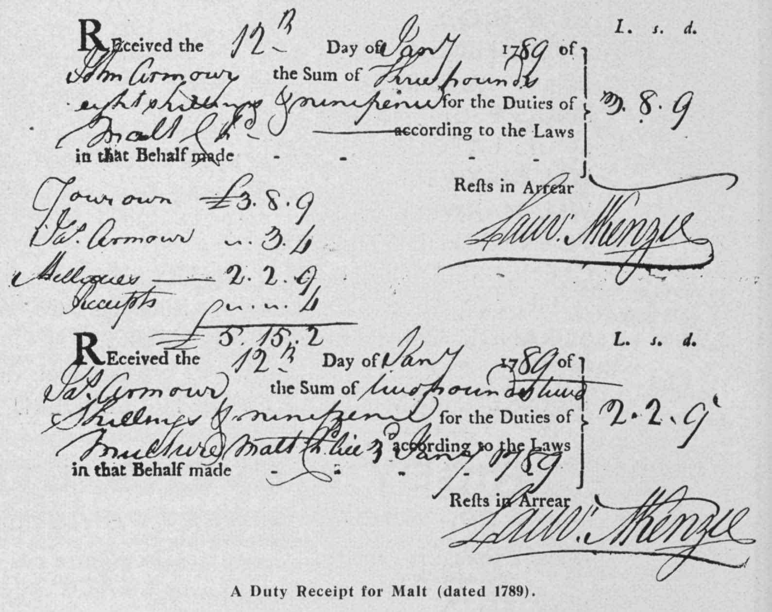 A Duty Receipt for Malt (dated 1879).